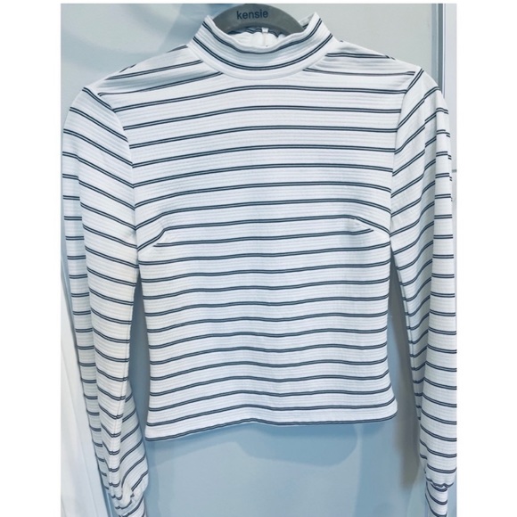 Dynamite White and Black Striped High Neck Puffed Sleeve Top - Picture 2 of 10
